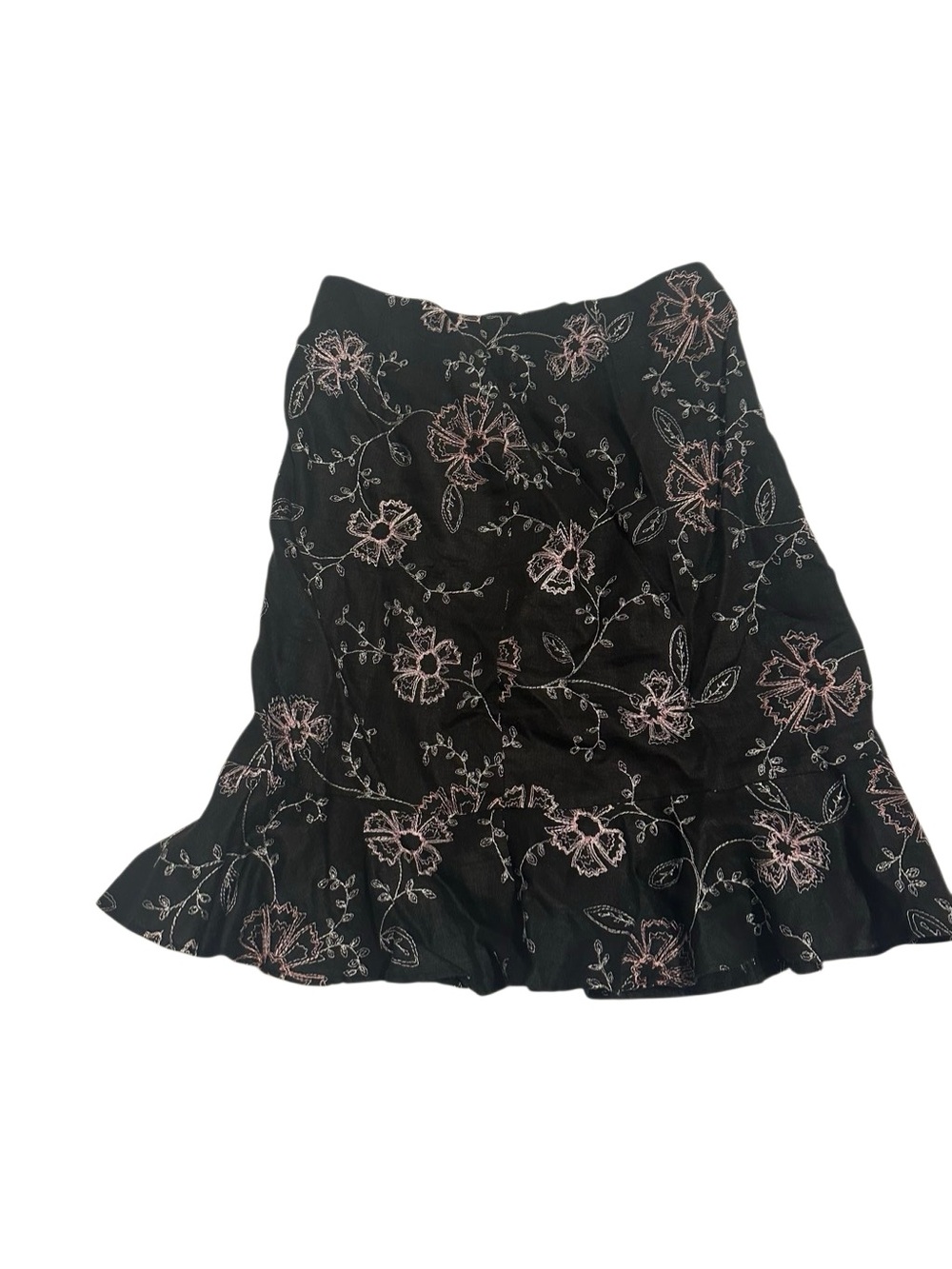 Grace Elements Black A-Line Skirt with Pink Floral Embroidery and Ruffle Hem